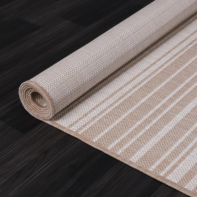 Stripe Outdoor Rug 8x10 Washable Outside Carpet for Indoor Patio Porch Waterproof Easy Cleaning Non Shedding Area Rugs Beige 8 x 10