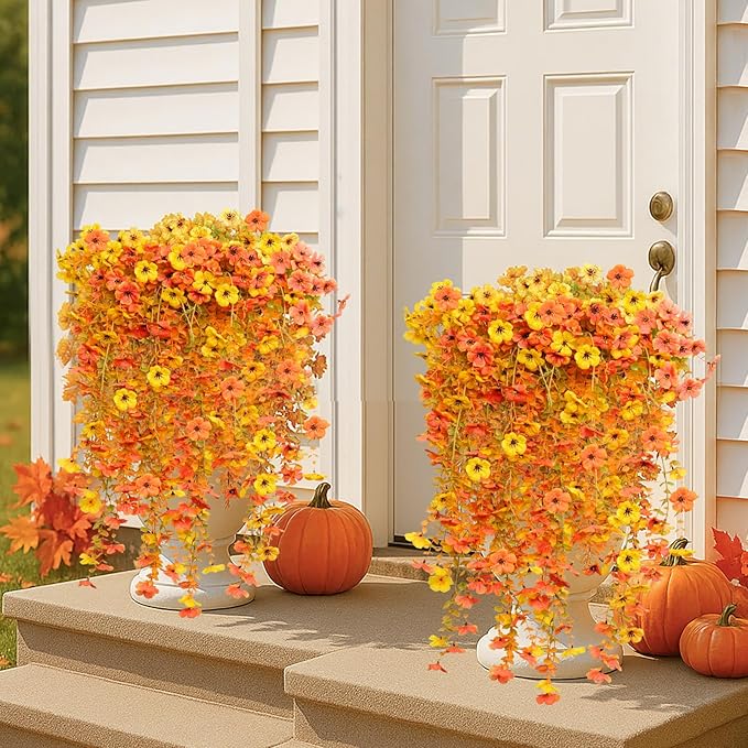 8PCS Hanging Fake Mums for Fall Decor,UV Resistant Artificial Flowers,Faux Mums for Outdoor Planters,Fall Flowers Artificial Decorations for Porch, Patio (OrangeYellow)