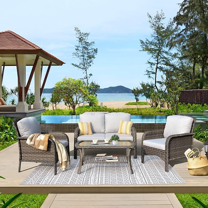 ovios 4 Pieces Patio Furniture Set, Outdoor Wicker Sofa with Coffee Table, Chairs, All Weather High Back Rattan Loveseat Couch with Comfy Cushions, Grey