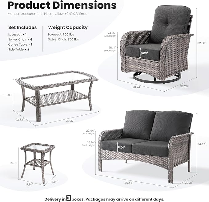 ovios 8 Pieces Patio Furniture Set, Outdoor Wicker Sofa with Swivel Chairs, Coffee Table, All Weather High Back Rattan Loveseat Couch with Comfy Cushions, Black