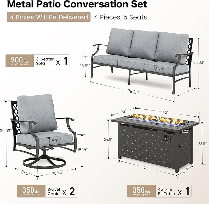 4 Piece Metal Outdoor Patio Furniture Sets with 5000 BTU Firepit Table, Patio Conversation Sets 1 3-seater Sofa, 2 Swivel Chair with 5.75" Thick Cushion, Black Backyard Furniture, Gray