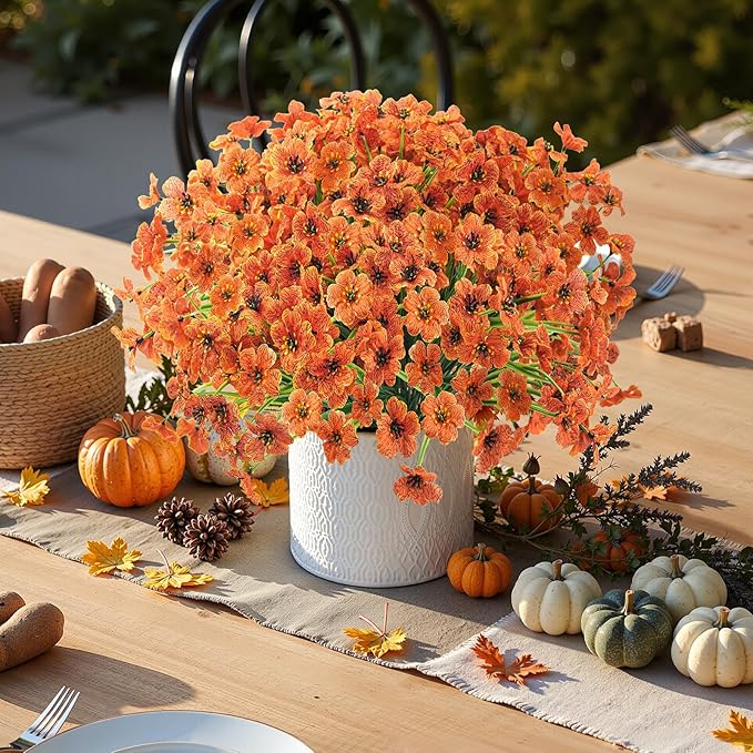 Uieke 72 Bundles Artificial Fall Flowers for Outdoors UV Resistant No Fade Faux Autumn Plants for Outside Home Garden Wedding Party Fall Décor (Orange)