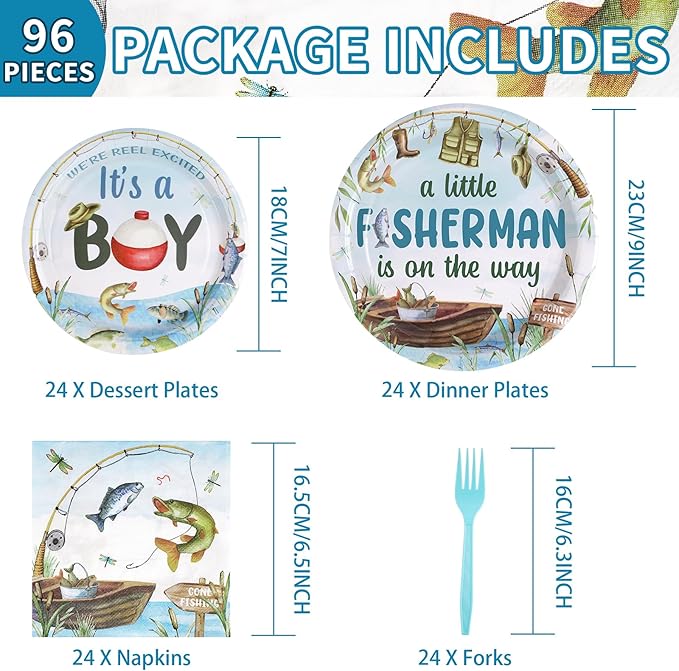 96 Pcs Fishing Baby Shower Party Decorations for Boy Gone Fishing Plates and Napkins A Little Fisherman is on The Way Party Decorations for Boys O Fishally 1st Birthday Favors Serves 24