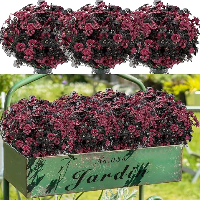 Lyrow 100 Bundles Violet Artificial Flowers, UV Resistant Faux Silk Flowers Outdoor, Fake Violet Bulk for Front Porch Hanging Garden Courtyard Farmhouse Home (Black and Red)