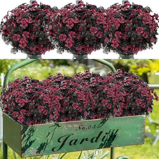 Lyrow 100 Bundles Violet Artificial Flowers, UV Resistant Faux Silk Flowers Outdoor, Fake Violet Bulk for Front Porch Hanging Garden Courtyard Farmhouse Home (Black and Red)