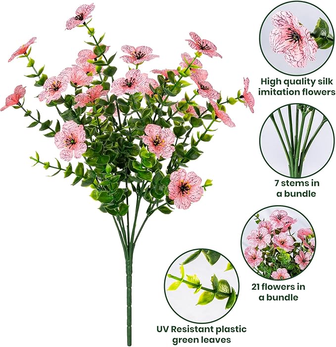 20 Bundles Artificial Flowers for Outdoor Fake Plants for Spring Decoration,Faux Eucalyptus Flowers for Planter UV Resistant Lifelike for Home Porch Garden（Pink）
