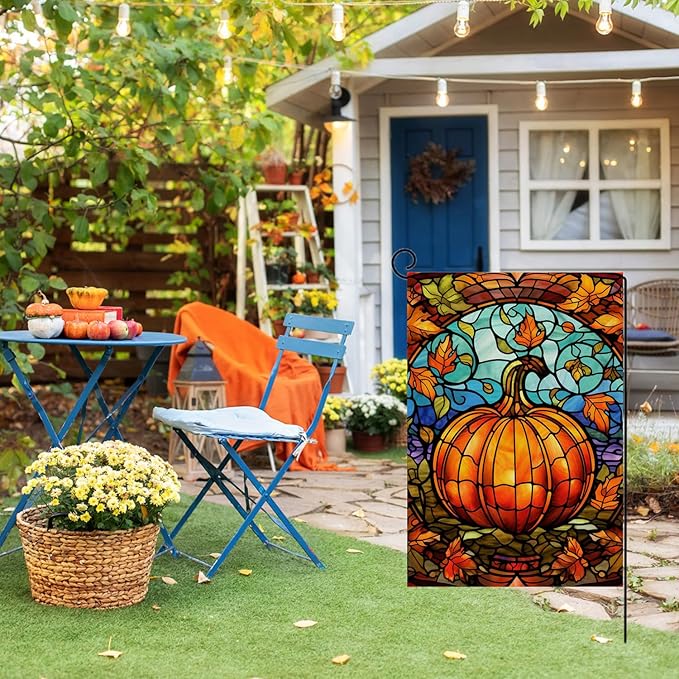 Fall Stain Glass Style Garden Flag 12 x 18 Inch Vertical Double Sided Fall Pumpkin Maple Leaves Small Yard Flag, Thanksgiving Autumn Harvest Holiday Outdoor Decoration