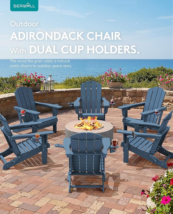 SERWALL Folding Adirondack Chair, Dual Cup Holders & All-Weather HDPE, Wood-Like Patio Chair for Backyard, Camping，Pool & Fire Pit- Navy