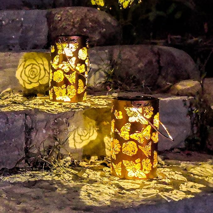 2 Pack Solar Lanterns Outdoor Waterproof Butterfly Birthday Gifts for Women Mom Grandma Garden Decor Flower Metal Hanging LED Decorative Light for Patio Yard Lawn Backyard Front Porch Gardening Gifts