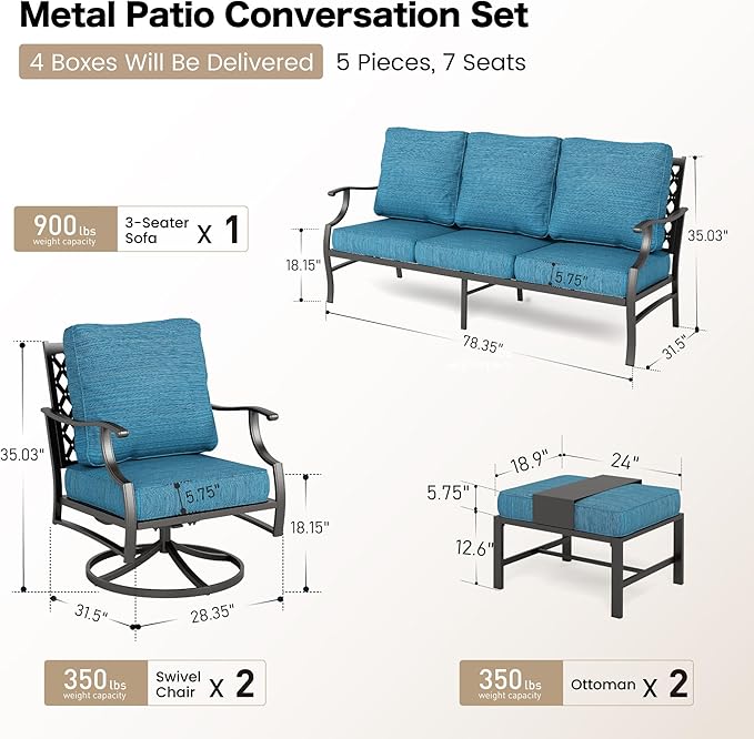 5 Piece Metal Outdoor Patio Furniture Set, Patio Conversation Sets 3-seater Sofa, 2 Swivel Chairs, 2 Ottomans with 5.75" Thick Cushion, Black All-weather Backyard Furniture Set, Blue-2