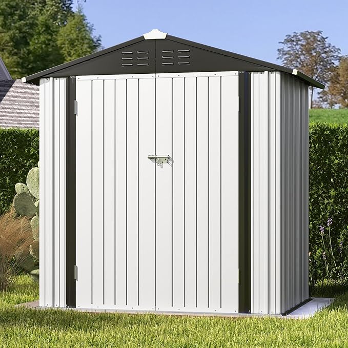 Patiowell 6x4 FT Outdoor Storage Shed, Garden Tool Storage Shed with Sloping Roof and Double Lockable Door, Outdoor Shed for Garden Backyard Patio Lawn,White