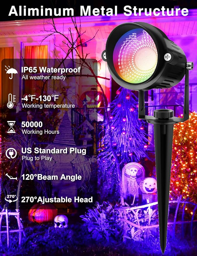 Halloween RGB Spot Lights Outdoor, Color Changing LED Landscape Lights with Remote Control IP65 Waterproof Landscape Lighting with Plug for Yard Tree Path Garden Decorative, 6 Pack
