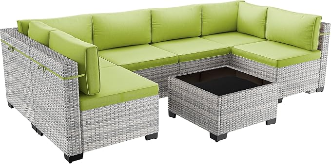 7-Piece Patio Furniture Set, Outdoor Sectional with Thick Cushions, Modular Patio Sofa, Dual-Strand Wicker Rattan, Rust-Resistant Frame, Backyard Furniture for Garden, Deck, Grass Green