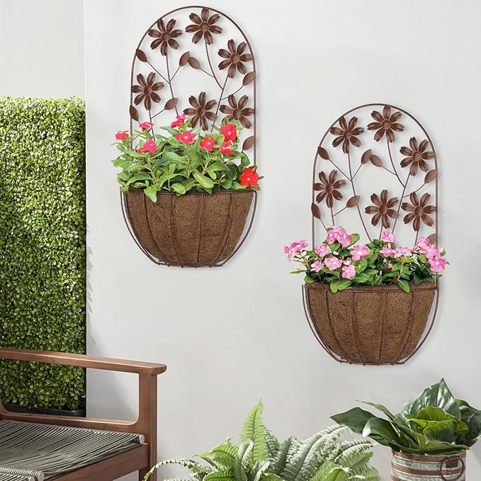 BAYN 2PKs Wall Hanging Planter Decor Art with Flower, Metal Wall Mounted Planters Indoor Outdoor Wall Planter for Succulent Herb Home Garden Yard