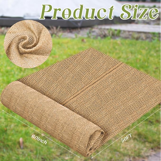 Buryeah 60 Inch x 50 ft Burlap Fabrics Roll Natural Jute Burlap Garden Tree Wrap Outdoor Weed Barrier DIY Fall Halloween Craft Winter Frost Plant Landscape Blankets Cloth for Plant Gardening Shrubs