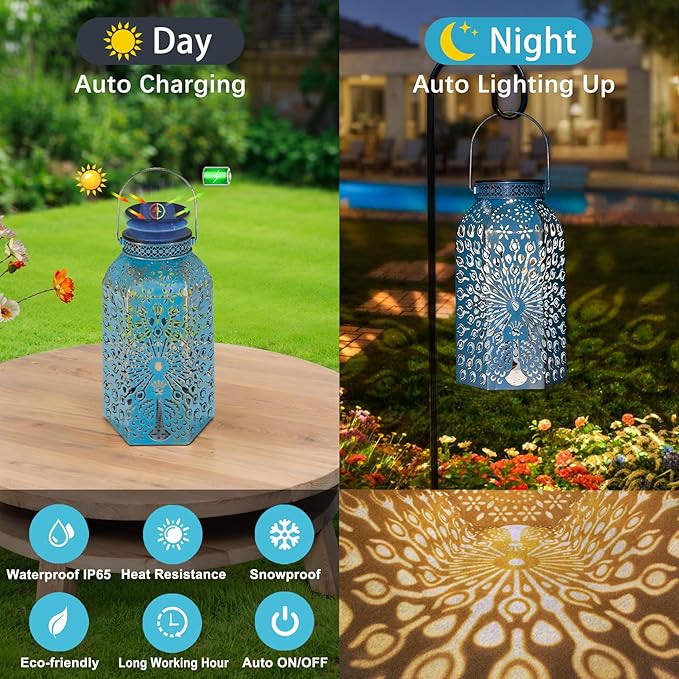 Outdoor Solar Lanterns Waterproof Peacock Garden Gifts Women Mom, Big Solar Lights, Garden Decor, Yard Art, Outside Birthday, Mothers' Day Birthday Gifts Grandma Grandpa(2Pack, Blue Gold