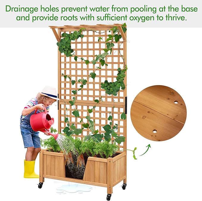 Yaheetech 72" H Horticulture Garden Planter with Trellis for Vine Climbing Plants Garden Box Outdoor w/Drainage Holes Raised Garden Bed Garden Planter Box for Flowers, Herbs Light Brown