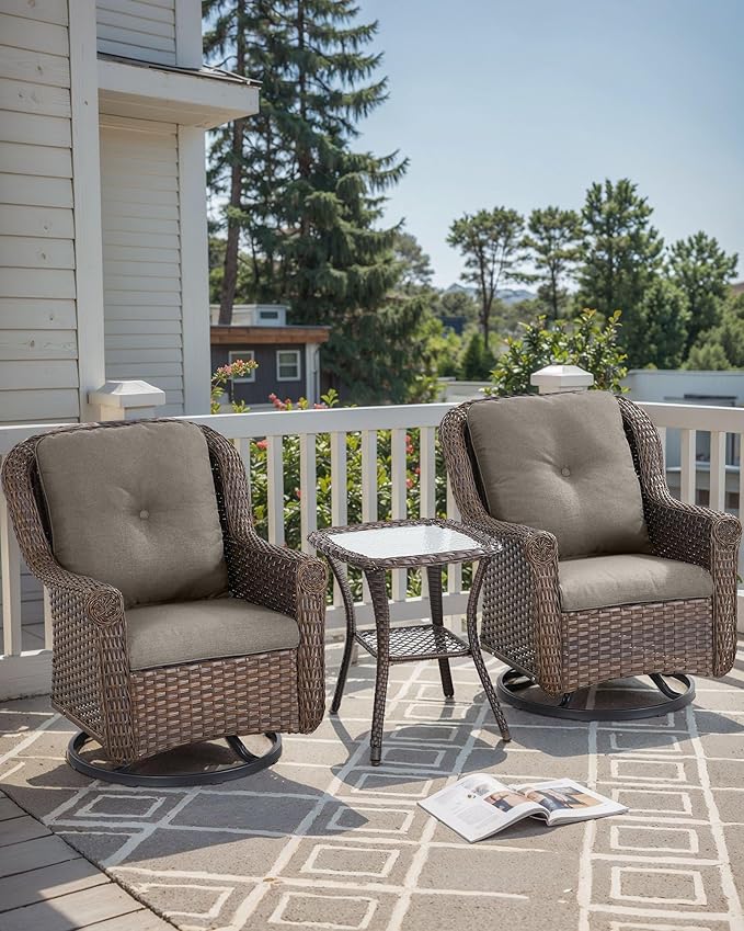 3 Piece Patio Swivel Chairs and Side Table Set - High Back Outdoor Brown Wicker Rattan Rocking Glider with Thick Cushions for Porch Apartment Deck Yard Poolside Garden - Grey
