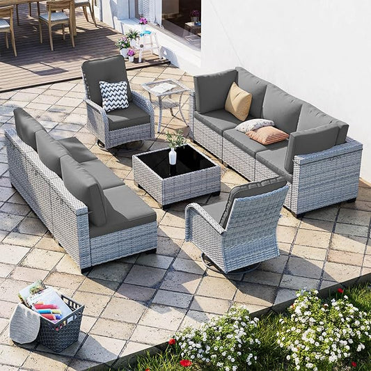 10-Piece Patio Furniture Set, Outdoor Patio Furniture with Swivel Chairs Set, Thick Cushions, Modular Patio Sofa, Dual-Strand Wicker Rattan, Rust-Resistant Frame, Grey