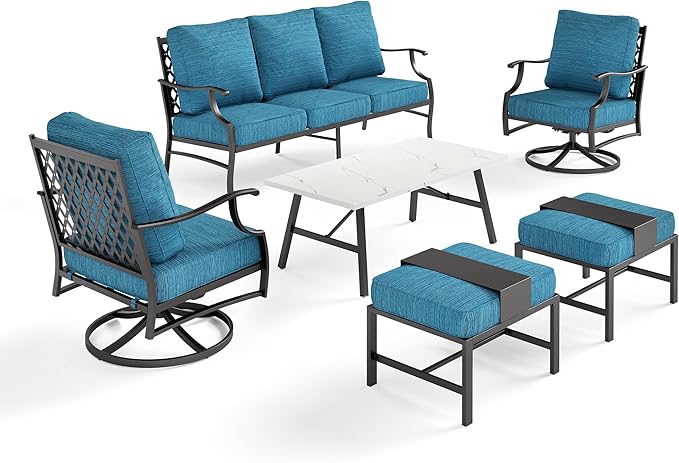 6 Piece Metal Outdoor Patio Furniture Set, Patio Conversation Sets 3-seater Sofa, 2 Swivel Chair, 2 Ottomans with 5.75" Thick Cushion and Coffee Table, Black Backyard Furniture, Blue-2