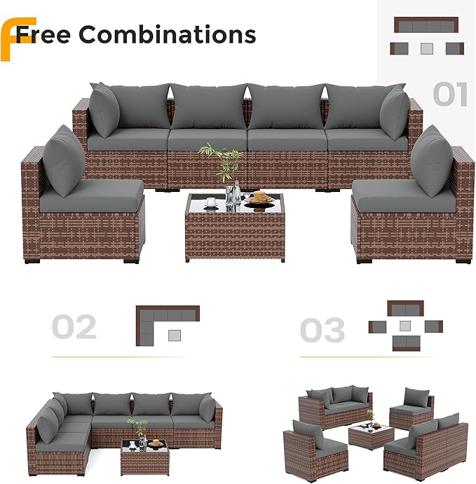 UDPATIO Patio Furniture Set, 7 Piece Outdoor Sectional Sofas with Wicker Coffee Table, Outdoor Patio Conversation Set for Garden, Backyard Dark Grey