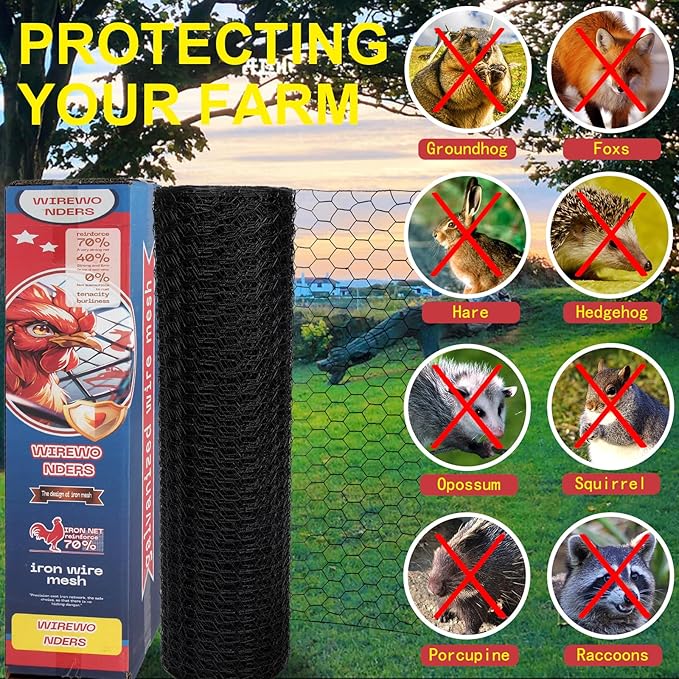 Black 19GA Chicken Wire 60inx150ft, Chicken Wire Fencing, Garden Fence, Metal Poultry Wire Netting, Galvanized PVC Coated Mesh for Animal/Rabbit/Floral/Chicken Coop/DIY Projects.