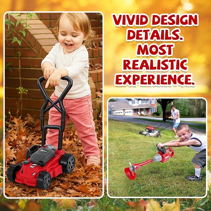 2 Pcs Toy Gardening Tool Set for Kids Toy Weed Trimmer, Push Lawn Mower Battery Powered Gardening Tool Set with Lights and Sounds Gift for Boys Girls