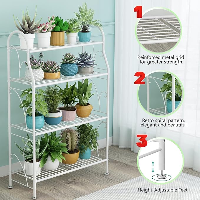 SORCEDAS Plant Stand Indoor Outdoor Plant Shelf 4 Tier Metal Corner Flower Stand Multiple Holder for Patio Garden Balcony Living Room, White