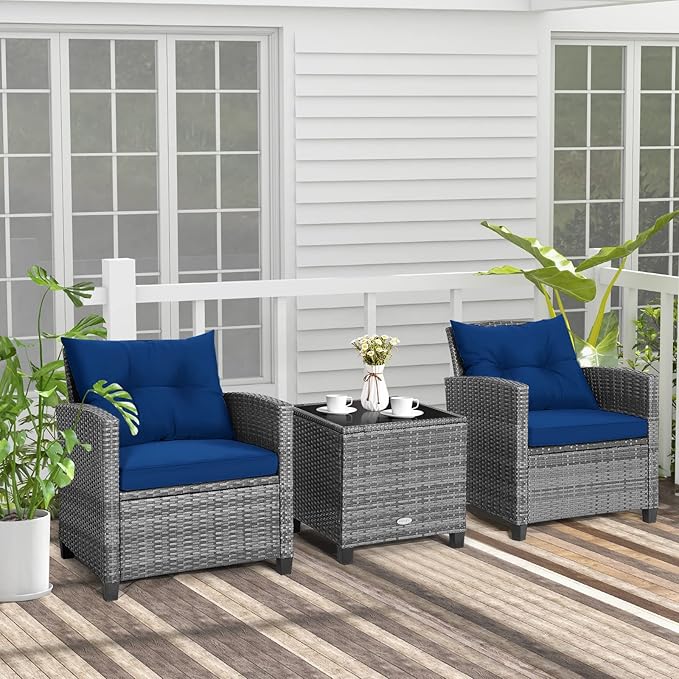 HAPPYGRILL 3 Pieces Patio Conversation Set, Outdoor Furniture Set PE Rattan Sofa Set with Removable Cushions, PE Wicker Chairs with Tempered Glass Side Table for Porch Lawn Garden Balcony Backyard