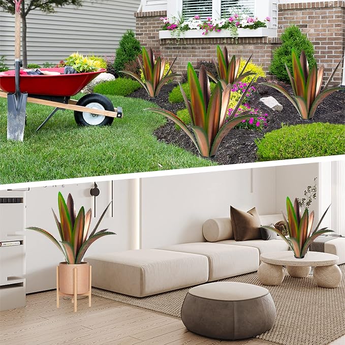 TOMBABY Enlarge Thickened Wind Resistant Metal Agave Garden Art Metal Plant Country Garden Sculpture Statue Outdoor Decoration Agave Metal Plant Courtyard Lawn Ornament Gift (2, 12 Leaves Green)