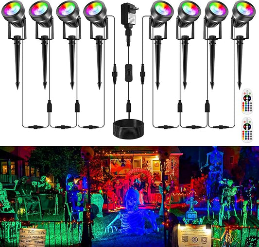 RGBW Color Changing Landscape Lighting,12V Low Voltage Landscape Lights Spotlights with Transformer Remote Control Decorative for Garden, Yard, Lawn, Pool, 50ft Cable(8 in 1)