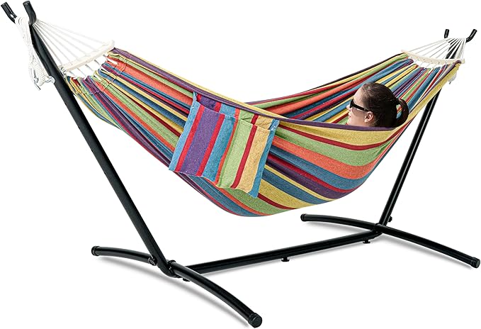 Double Hammock with Stand for Outside, Upgraded Spreader Bar, Heavy Duty Space Saving Steel Stand 2 Person, Side Pockets, Easy Assembly, 600lbs Weight Capacity, Indoor & Outdoor (Classic Red)