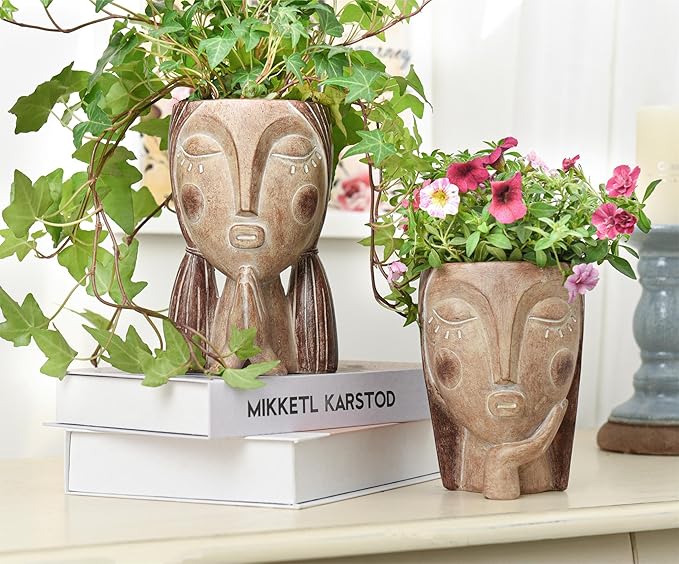 Face Planter Pots with Drainage Hole, Resin Head Planters for Indoor Plants Flower Plant Pots Succulent Pot, Cute Girl Face Planter Gifts for Lover-Praying