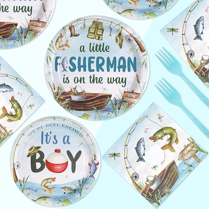 96 Pcs Fishing Baby Shower Party Decorations for Boy Gone Fishing Plates and Napkins A Little Fisherman is on The Way Party Decorations for Boys O Fishally 1st Birthday Favors Serves 24