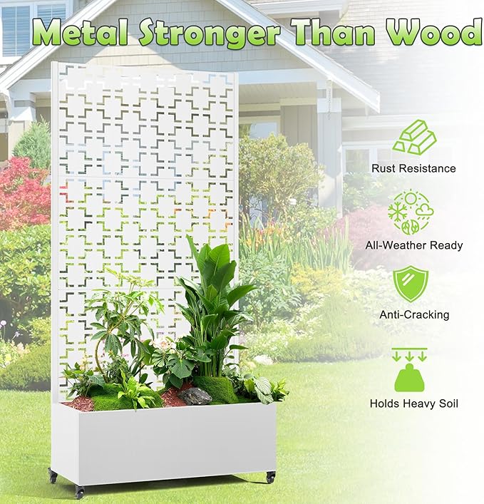 15.7"×70.9"×35.4" Metal Raised Garden Bed with Trellis and Wheels - Tall Trellis Planter Box for Climbing Plants, Vegetables & Vines - Outdoor Privacy Planters for Patio (White-Square)