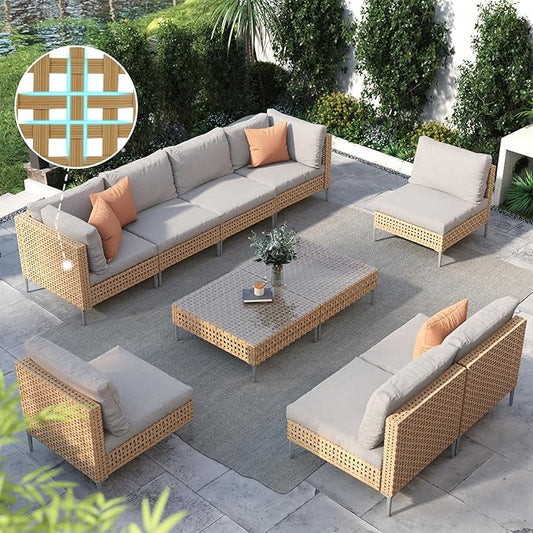 Grand patio 10-Piece Wicker Patio Furniture Set, Boho Outdoor Conversation Set Sectional Sofa with Water Resistant Beige Thick Cushions and Coffee Table, Cream