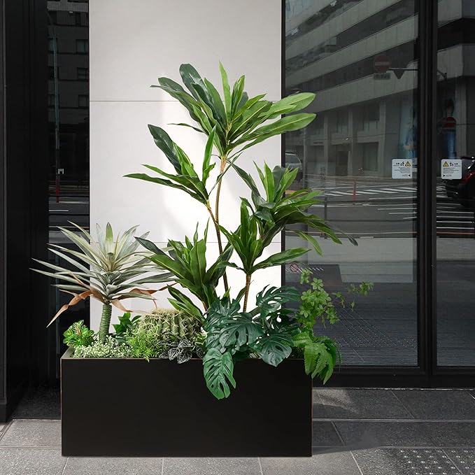 Wallowa Metallic Heavy Long and Large Outdoor/Indoor Planter, Rectangular Trough Planter Box, 38”Lx15”Wx15”H, 40Pounds, Black with Hand Brushed Gold Edge, No Assemble and Seamless