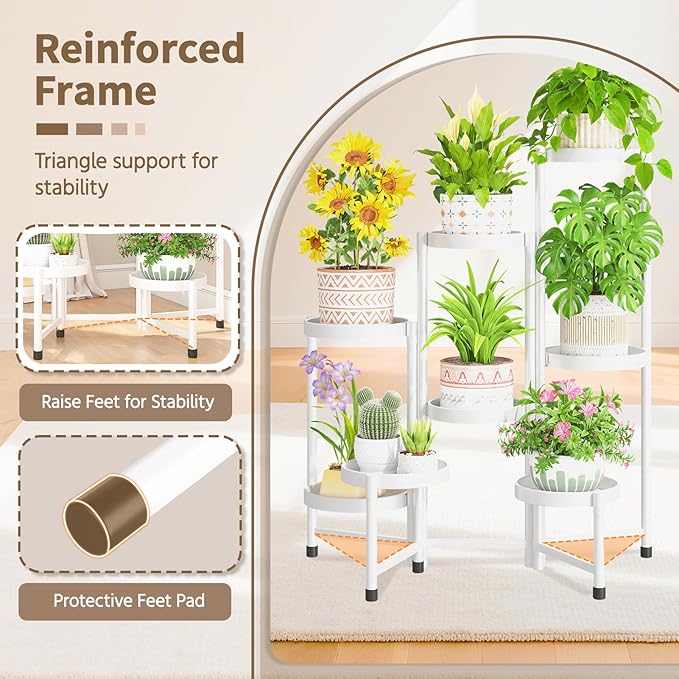 LASZOLA 8 Tiered Folding Plant Stand Indoor for Multiple Large Planter, Tall Heavy Duty Adjustable Rack with Rust Proof 10 Inch Wide Tray, Sturdy Vertical Tree Organizer for Narrow Inside Floor, White
