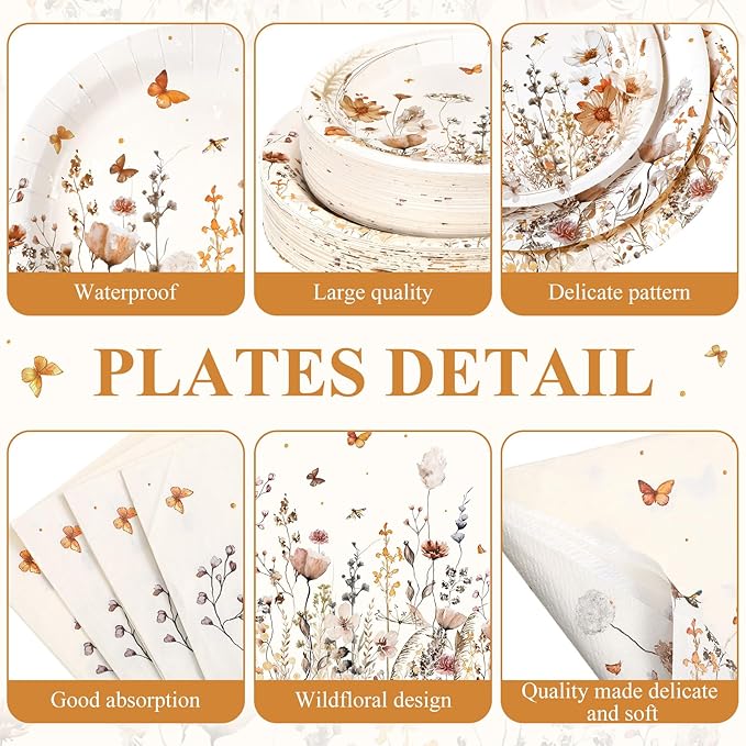 250 Pcs Wildflower Party Decorations Include Boho Autumn Fall Floral Paper Plates Napkins and Cups for Wildflower Baby Shower Tea Decorations, Serve 50 Guest
