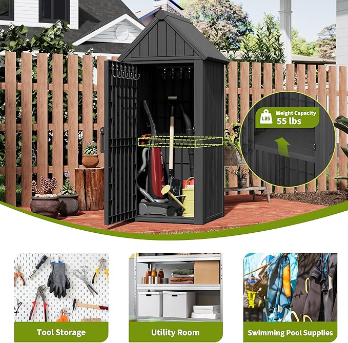 Outdoor Storage Shed – Durable Resin with Sloping Roof and Lockable Door, Waterproof Storage Cabinet with Ample Space, Multiple Hooks for Backyard, Garden, Patio & Lawn Black