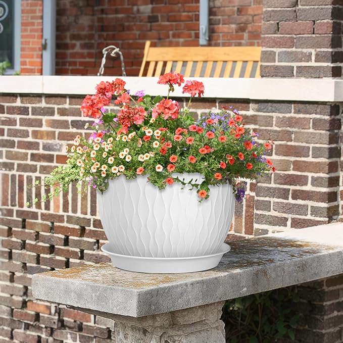 12/10/9 inch Large Plant Pots, 3 Pack Wide Flower Pots for Outdoor Indoor Plants with Water Ripples, Big Plastic Planters with Drainage Holes and Saucers for Garden House Plants, White