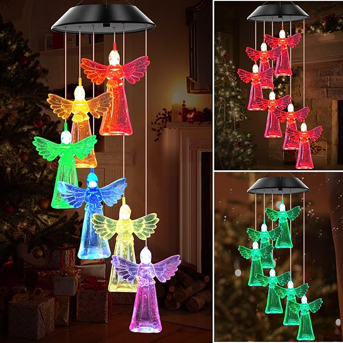 Solar Wind Chimes Outdoor Color Changing Lights, Gift for Women Mom Grandma Sister Best Gifts, Wind Chimes Unique Outdoor Garden Yard Decor (Angel)