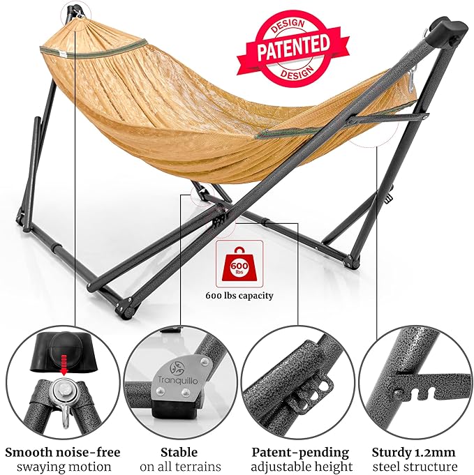 Tranquillo Universal Hammock with Stands Electro Static Coated Steel, Adjustable Foldable Hammock Stand with 2 Layered Polyester Net and Carry Bag for 2 Persons (Combo - Yellow)