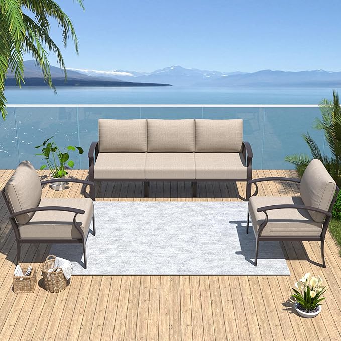 Kurapika Aluminum Patio Furniture Set 5-Seat Modern Metal Outdoor Conversation Sets w/5.1 Inch Cushion Patio Sectional Sofa, Sand