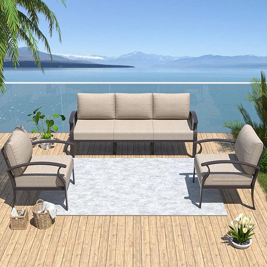 Kurapika Aluminum Patio Furniture Set 5-Seat Modern Metal Outdoor Conversation Sets w/5.1 Inch Cushion Patio Sectional Sofa, Sand