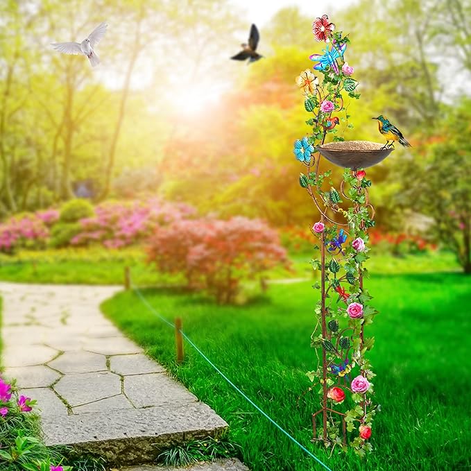 57” Bird Bath with Garden Trellis for Climbing Plants Outdoor, Small Decorative Metal Birdbath Bird Baths, Dragonfly (Dragonfly)