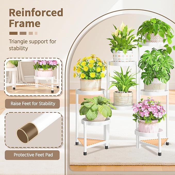 LASZOLA 7 Tiered Folding Plant Stand Indoor for Multiple Large Planter, Tall Heavy Duty Adjustable Rack with Rust Proof 10 Inch Wide Tray, Sturdy Vertical Tree Organizer for Narrow Inside Floor, White