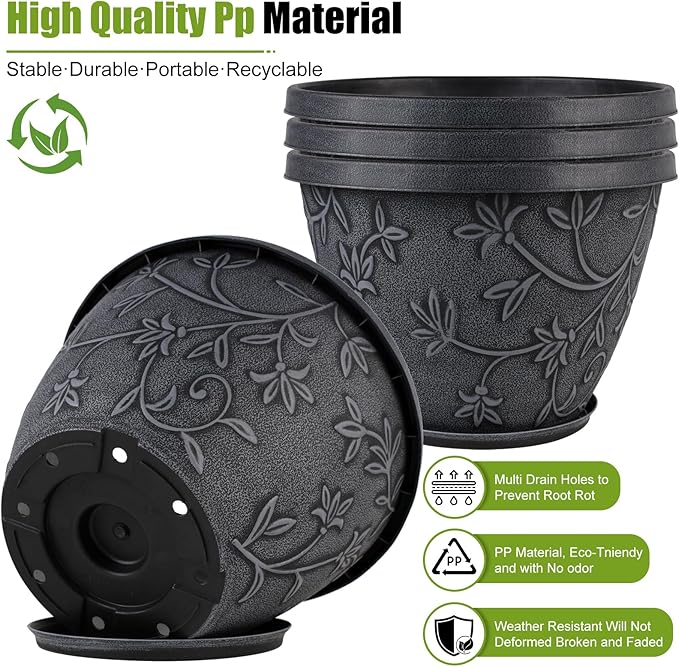 4 Pack 12 Inch Large Flower Pots for Outdoor Indoor, Plastic Plant Pots with Drainage Hole & Saucer, Modern Decorative Garden Pot, Imitation Magnolia Pots for Garden House Planters（Gray）