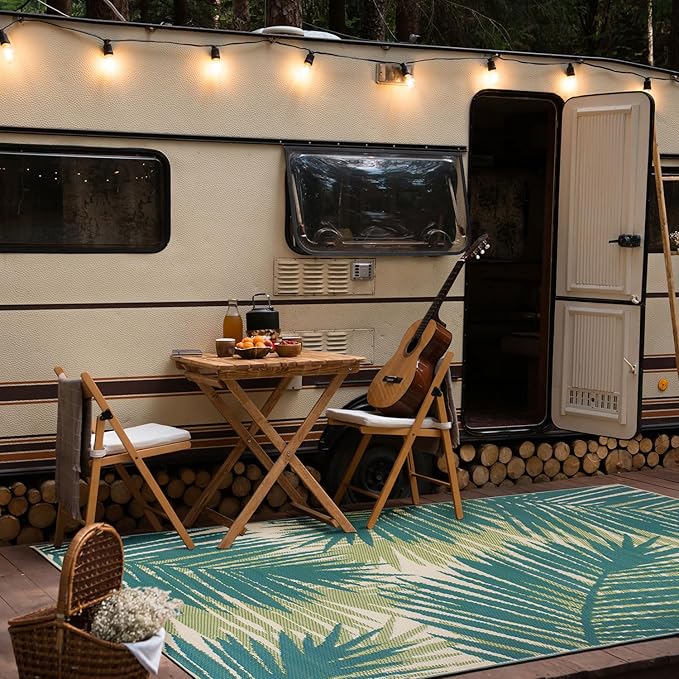 Rugshop Tropical Floral Reversible Crease-Free Waterproof Premium Recycled Plastic Outdoor Rugs for Patio,Backyard,RV,Deck,Picnic,Trailer,Beach,Camping Green 5' x 7'