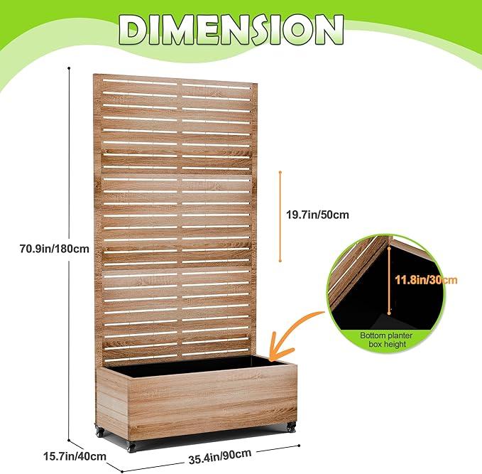 15.7"×70.9"×35.4" Metal Raised Garden Bed with Trellis and Wheels - Tall Trellis Planter Box for Climbing Plants, Vegetables & Vines - Outdoor Privacy Planters for Patio (Cut Oak Grain)